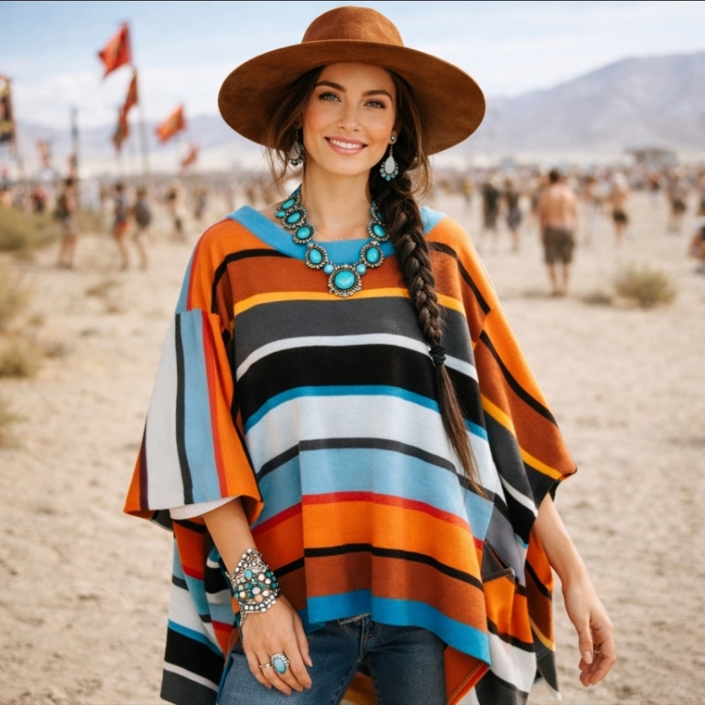 Monroe & Main Striped Poncho Sweater "Fall In Central Park" Colorful Boho Sz S/M
